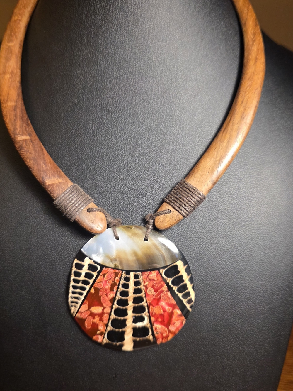 Handcrafted Red & Brown Shell Necklace - Wood Accents. Unique and Beautiful!
